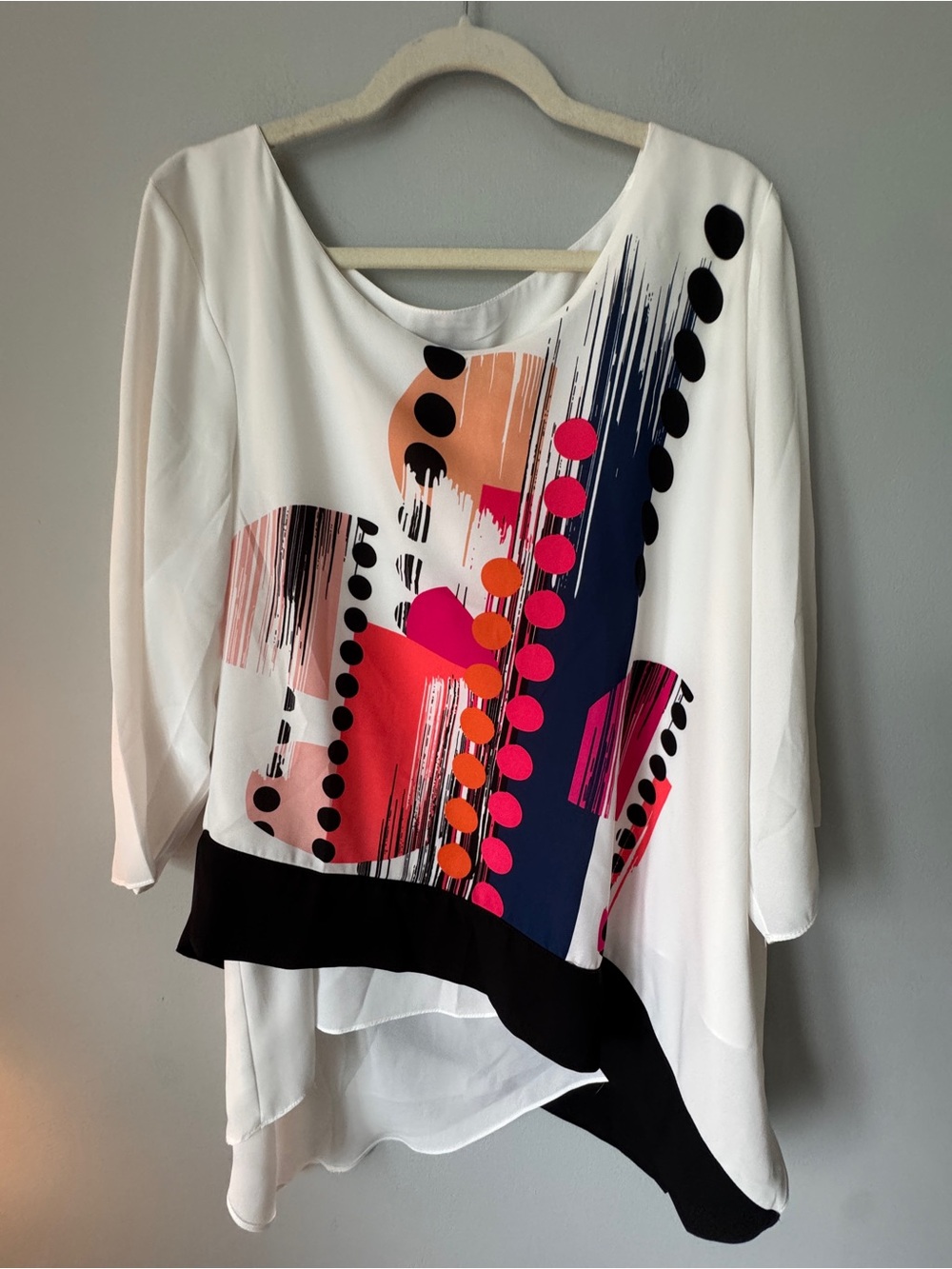 White Abstract Print Asymmetric Blouse with Colorful Accents